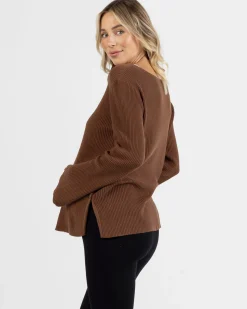 Arial Maternity Oversized Luxury Knit Nursing Jumper in Chocolate