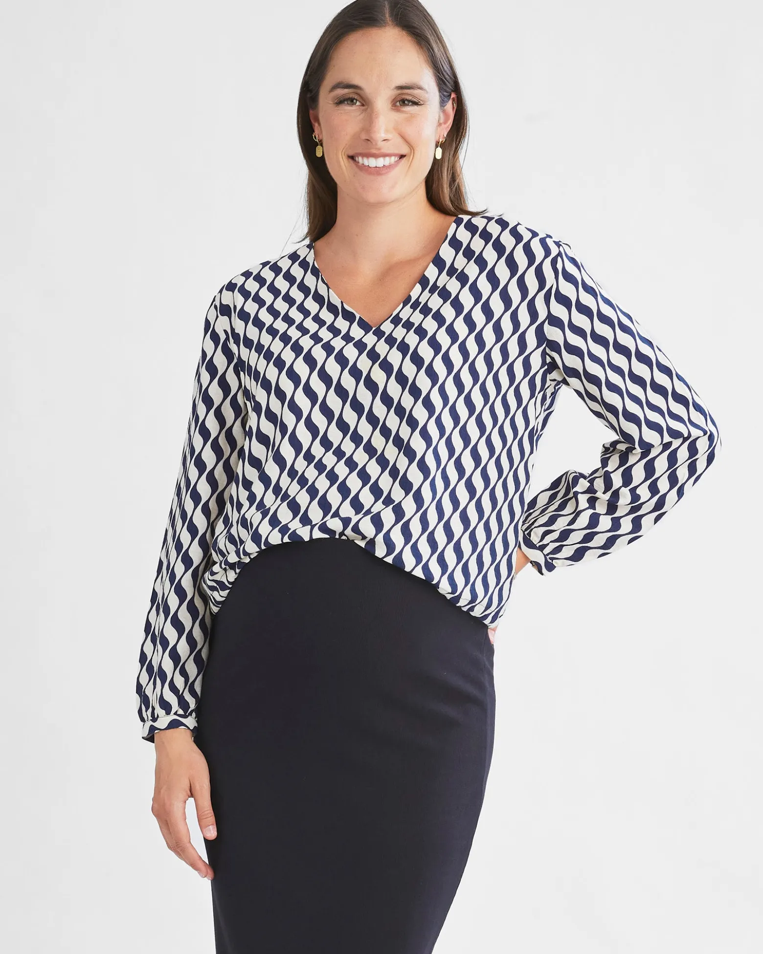 Ashley Geometric Wave-Print V-Neck Long-Sleeve Blouse