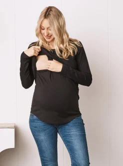 Bamboo Cotton Long Sleeve Maternity Top in Black