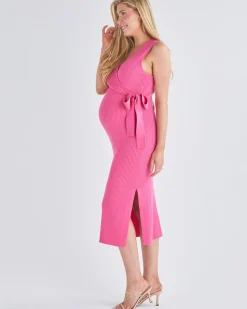 Barbara Knit Maternity Midi Dress in Candy Pink