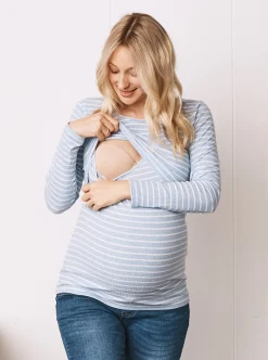 Blue Striped Long Sleeve Nursing Cotton Top