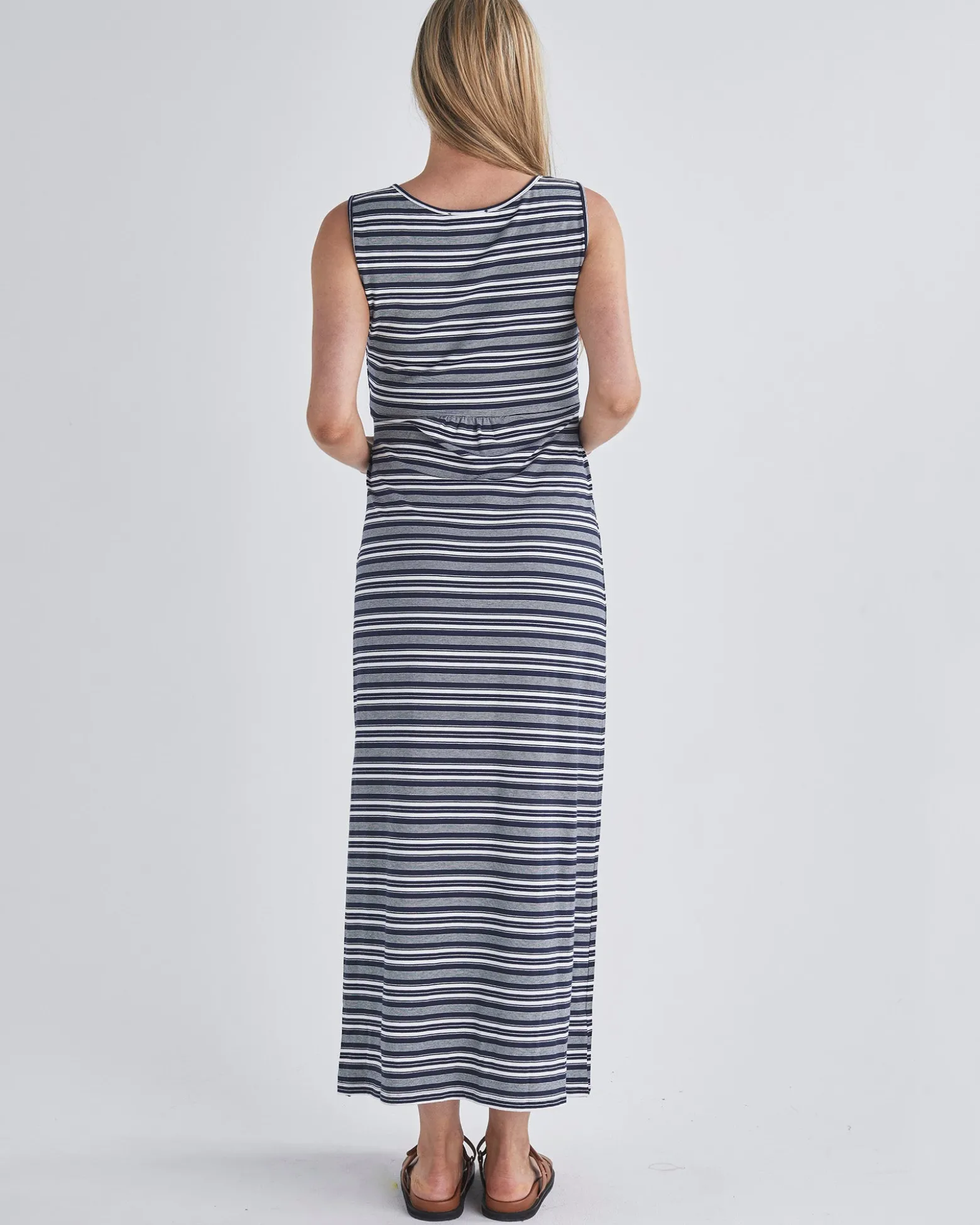 Busy Mama Nursing Maxi Dress in Dark Navy Stripes
