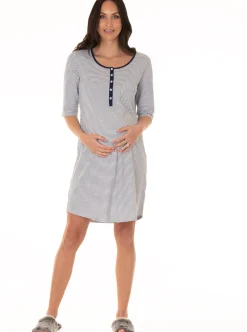 Button Front Nursing Sleep Dress - Navy Stripes