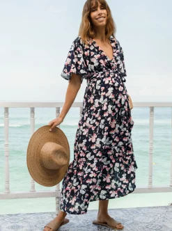 Cara Navy Floral Print Baby Shower Maternity Dress