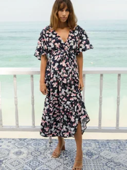 Cara Navy Floral Print Baby Shower Maternity Dress