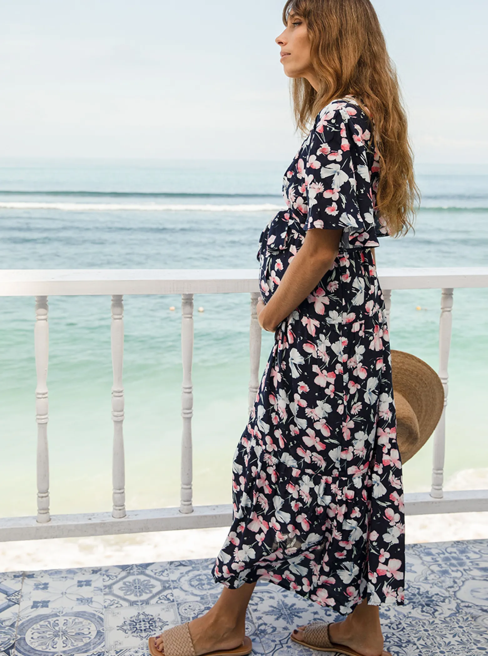 Cara Navy Floral Print Baby Shower Maternity Dress