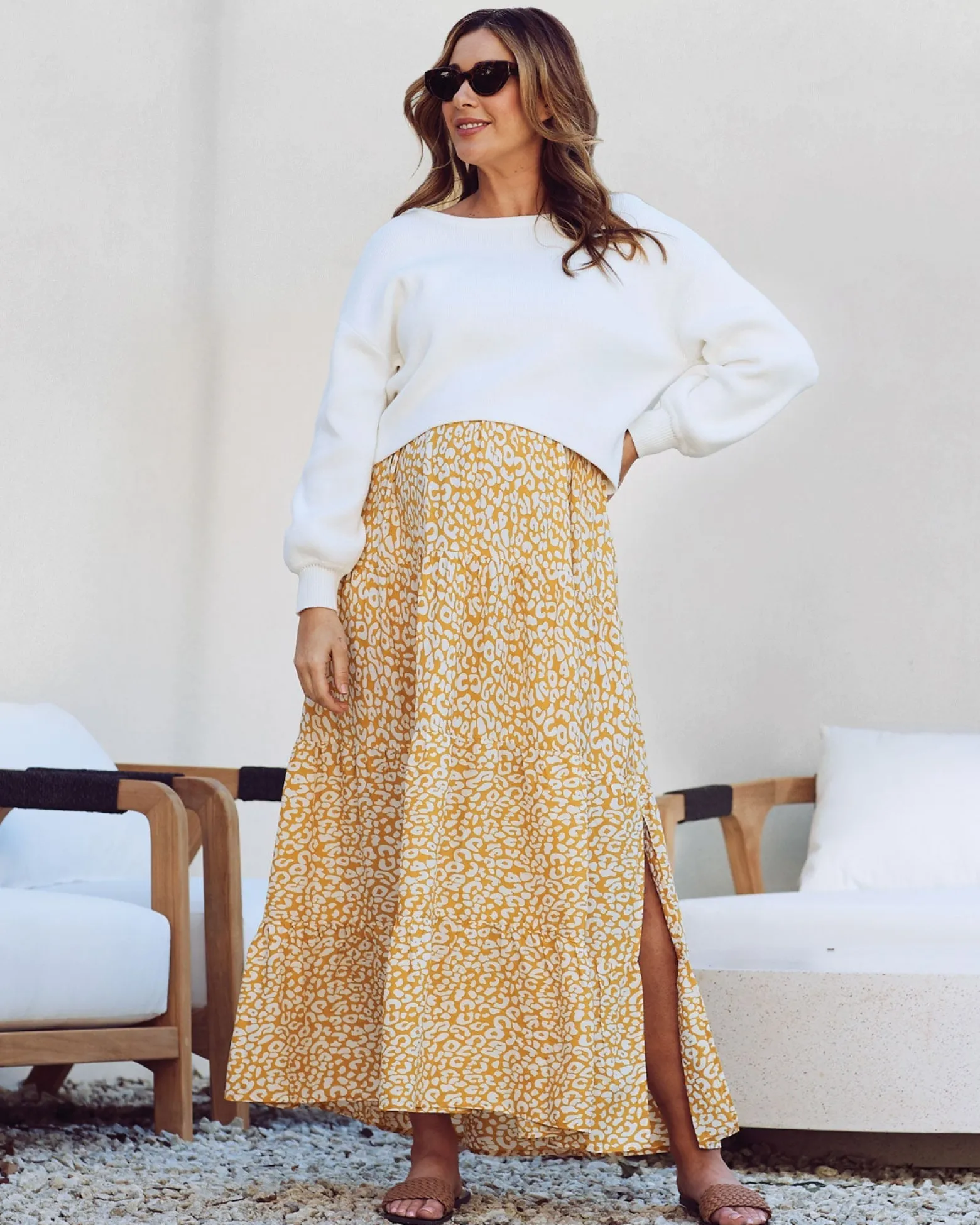 Chelsea Maternity Ruffled Maxi Dress in Yellow Animal Print