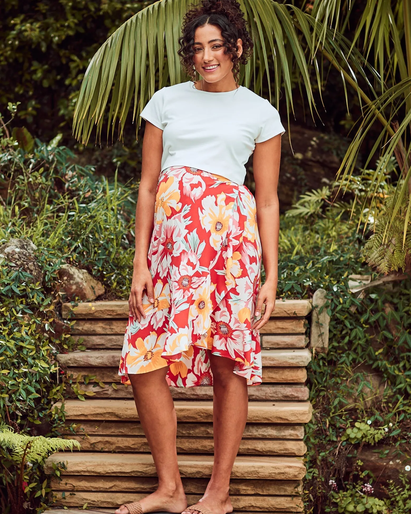 Christie Maternity Wrap Midi Skirt in Red Floral Print