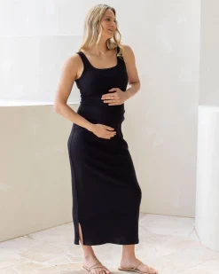 Eliza Maternity Ribbed Tube Midi Dress In Black