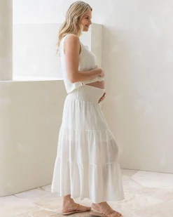 Ellie Maternity Shirred Maxi Skirt in White