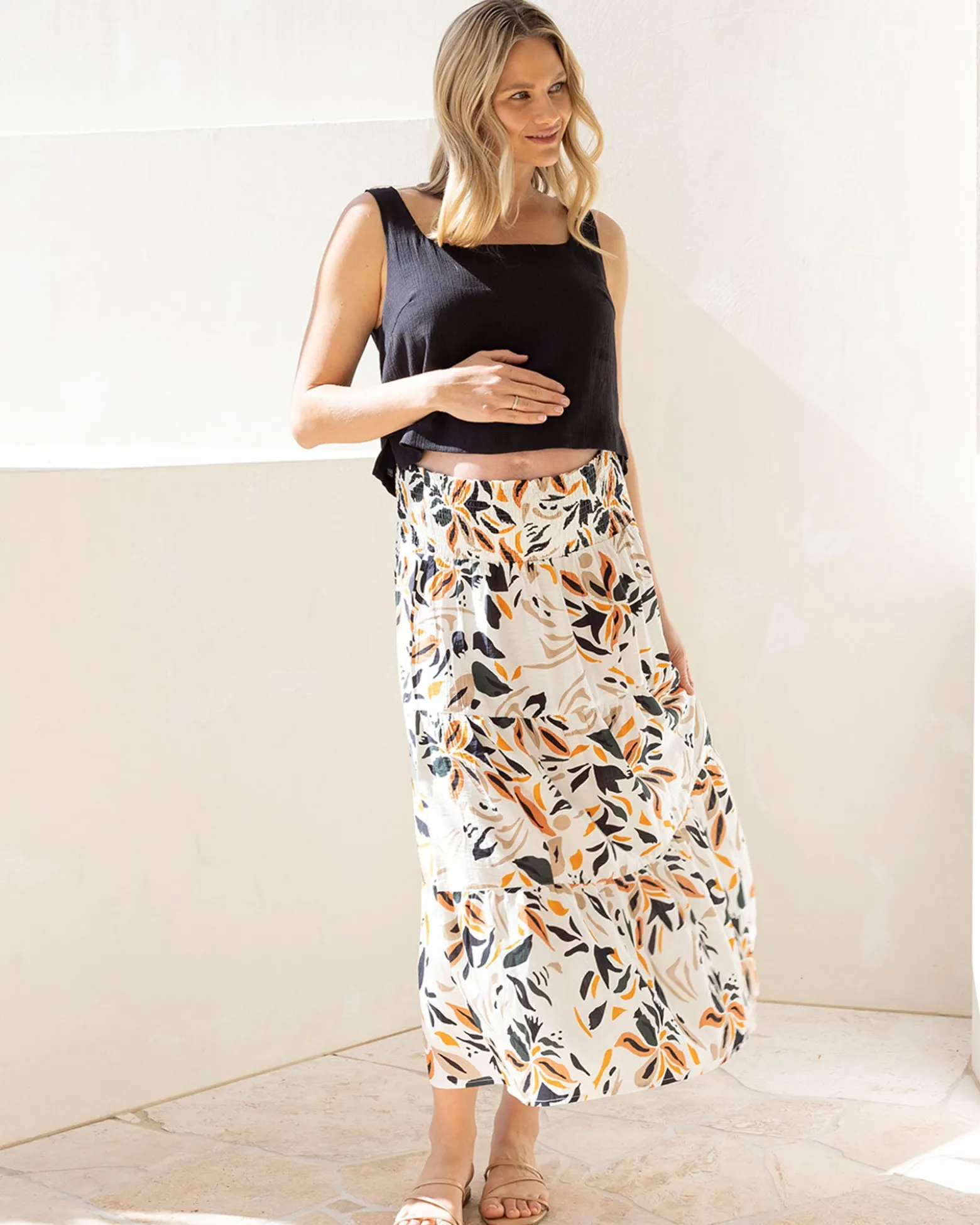 Ellie Maternity Shirred Maxi Skirt in Orange Leaf