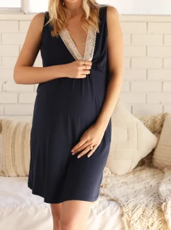 Gracie Maternity Nightie with Lace - Navy