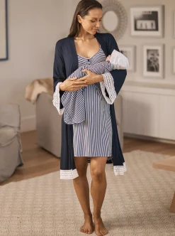 Hospital Pack: Maternity Robe + Nightie + Free Baby Blanket Wrap - Navy