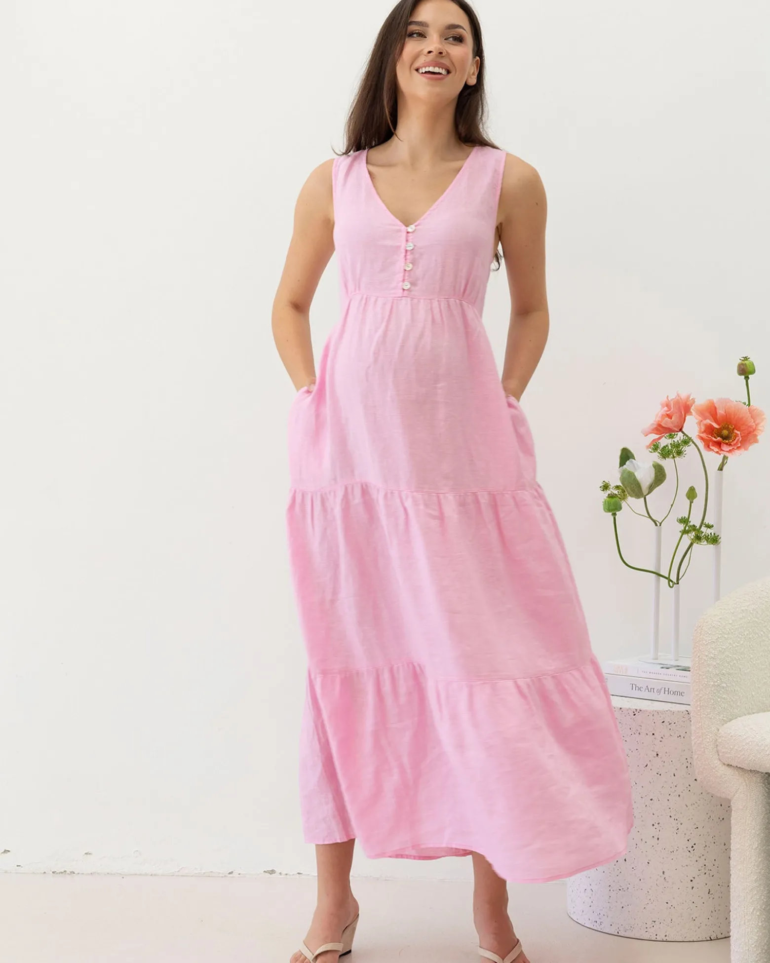 Kiara Linen Maternity Maxi Dress in Pink