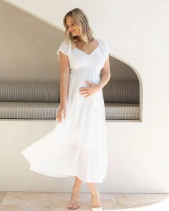 Lila Baby Shower Maternity Sundress in White