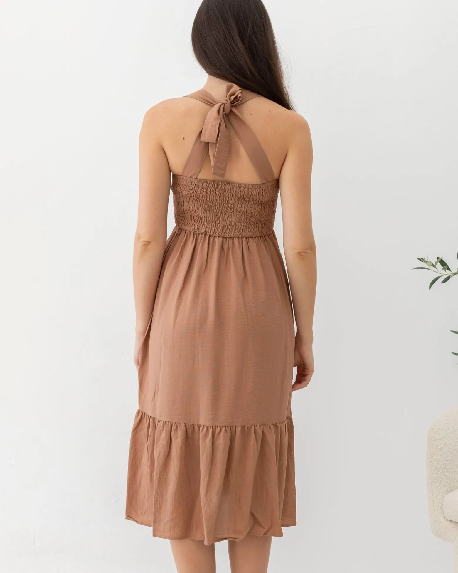 Lily Maternity Summer Shirred dress in Terracotta