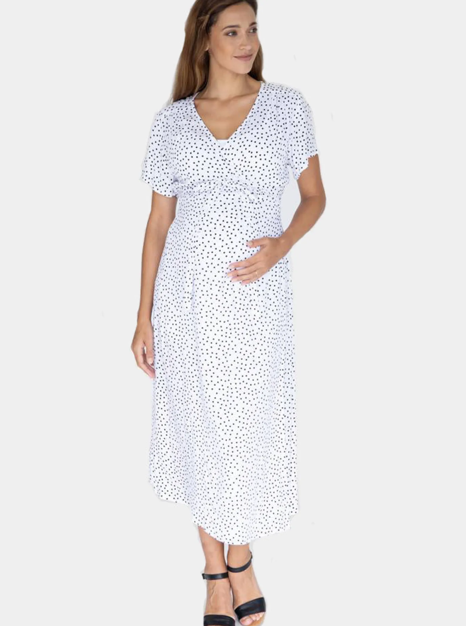 Maternity and Nursing Wrap Dress with Polka Dots in Midi Length