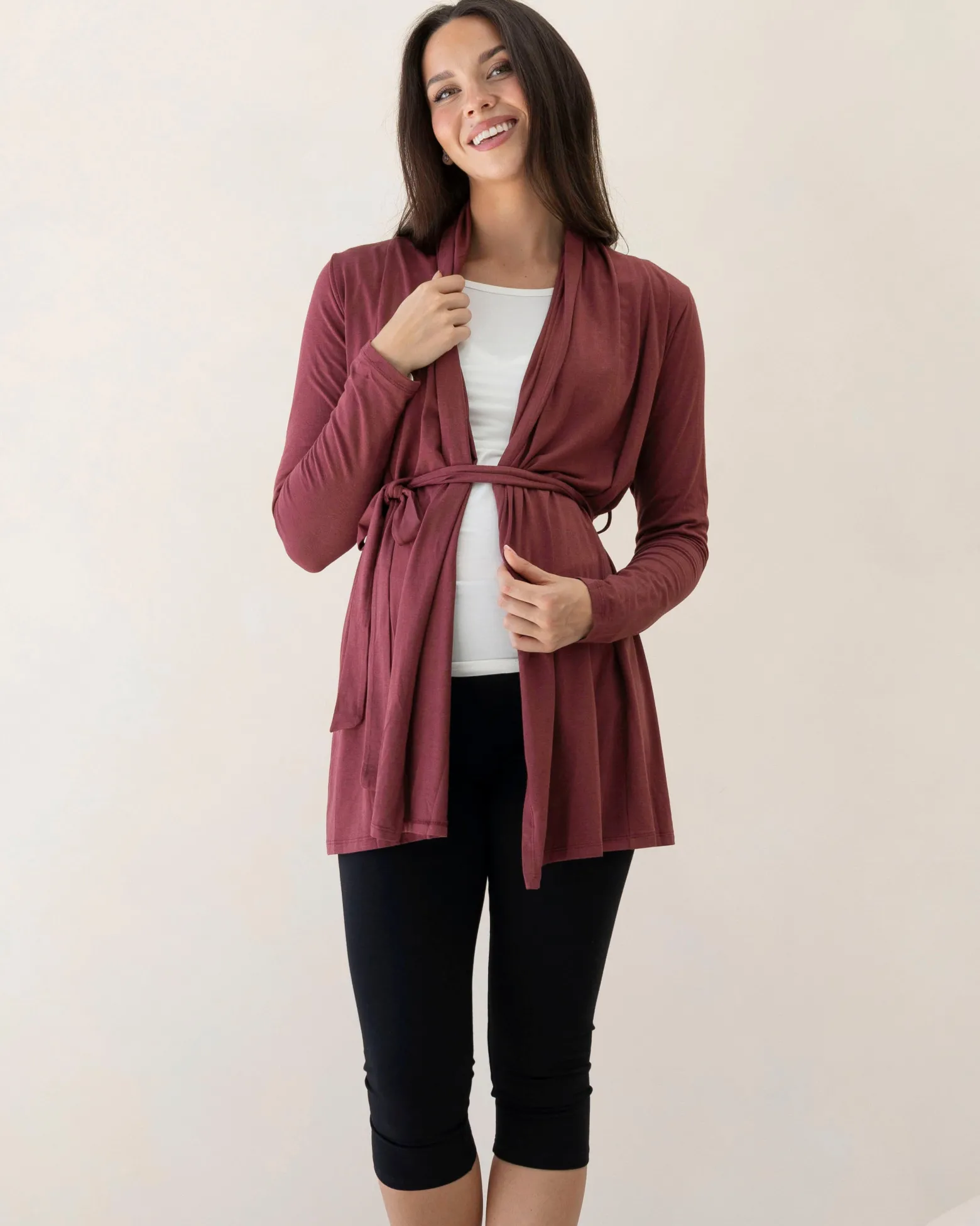 Maternity Cardigan With Removable Belt in Burgundy