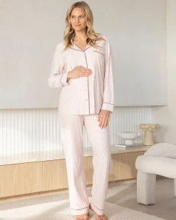 Maternity Long Sleeve Pyjama Set in Pink Stripe