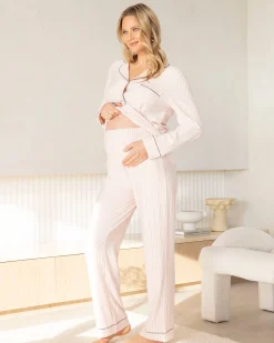Maternity Long Sleeve Pyjama Set in Pink Stripe