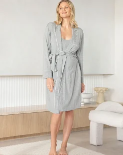 Maternity & Nursing Bamboo Cotton Robe with Matching Baby Swaddle – Grey