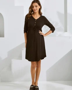 Maternity & Nursing Button Drawstring Dress in Black