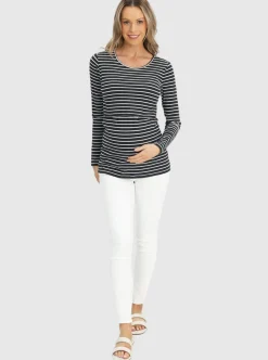 Maternity & Nursing Long Sleeve Top in Black/Grey Stripe