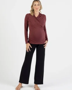 Maternity V-Neck Crossover Bamboo Long Sleeve Top in Maroon