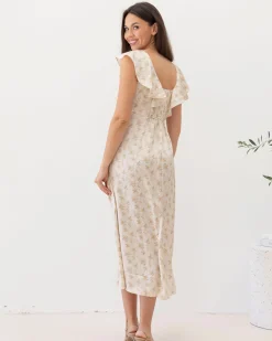 Mika Maternity Ruffle Dress in Cream Floral Silky