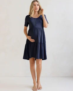 Navy Short Sleeve Maternity Tiered Dress
