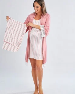 3-Piece Maternity Hospital Pack Set: Nursing nightie + Robe + Baby wrap In Pink