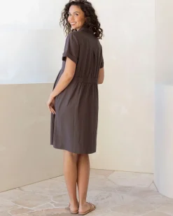 Poppy Maternity Linen Shirt Dress- Brown
