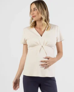 Sabine Soft Ponte Maternity V-Neck Work Top in Beige