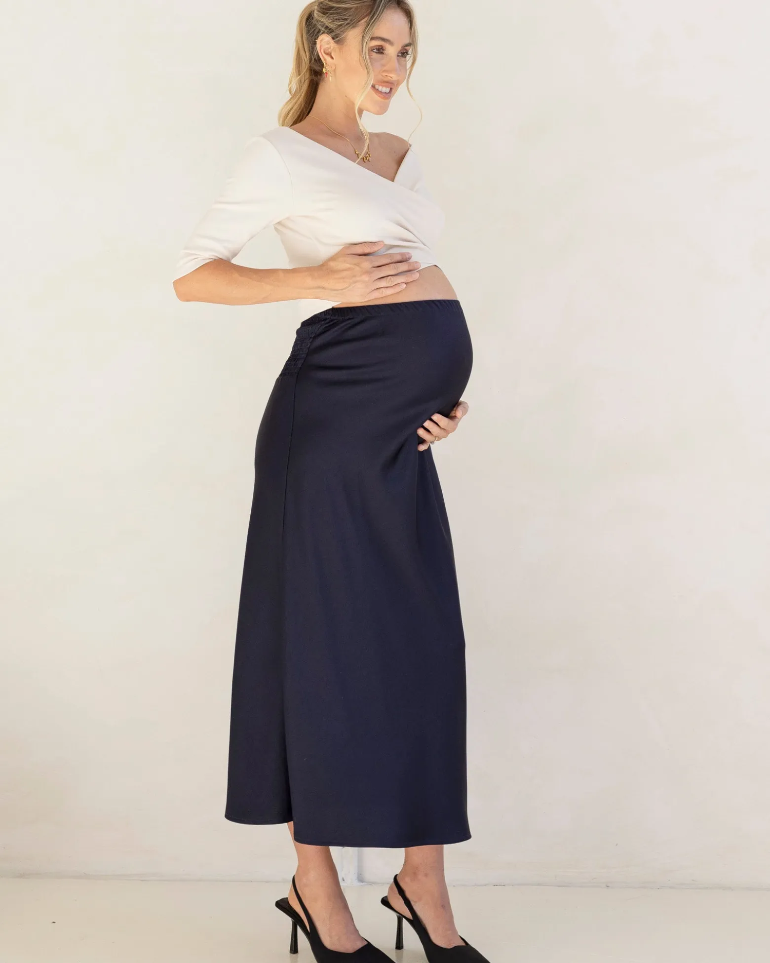 Sheena Maternity Satin-Finish Midi Work Skirt in Navy