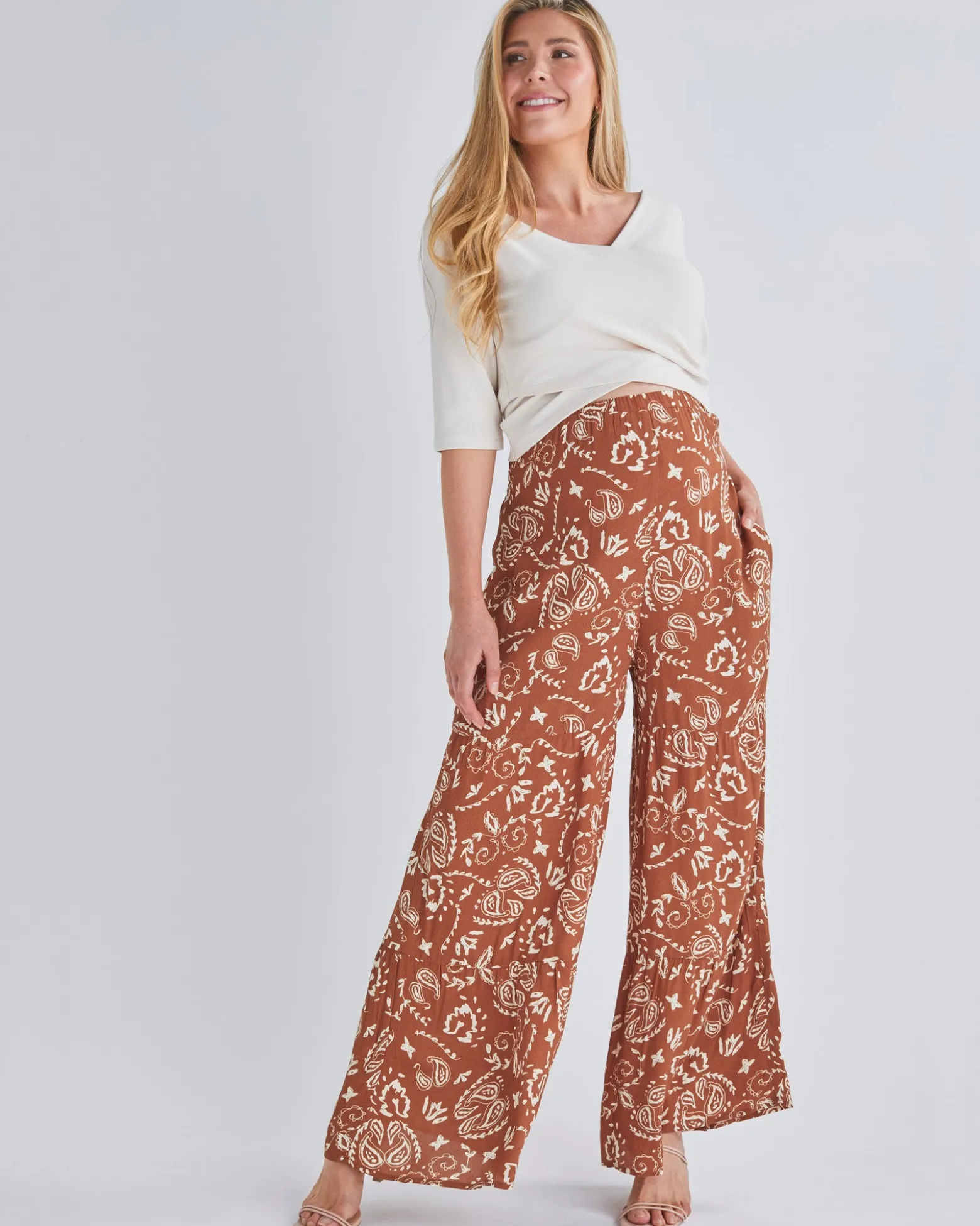 Stacie Wide Leg Maternity Ruffled Pants in Parsley Print