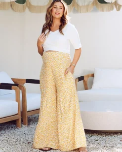 Stacie Wide Leg Maternity Ruffled Pants in Yellow Animal Print