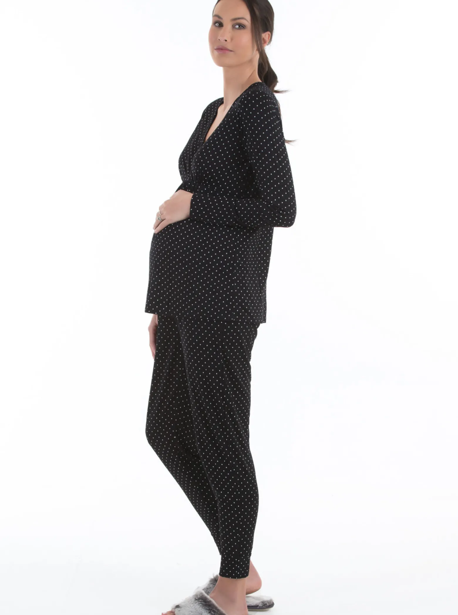 V-Neck Top and Pants Loungewear/Pajama Set - Black Polka Dot